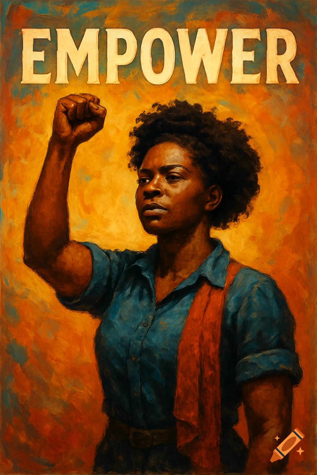 Painting of a woman with a raised fist and the text 'EMPOWER' above.