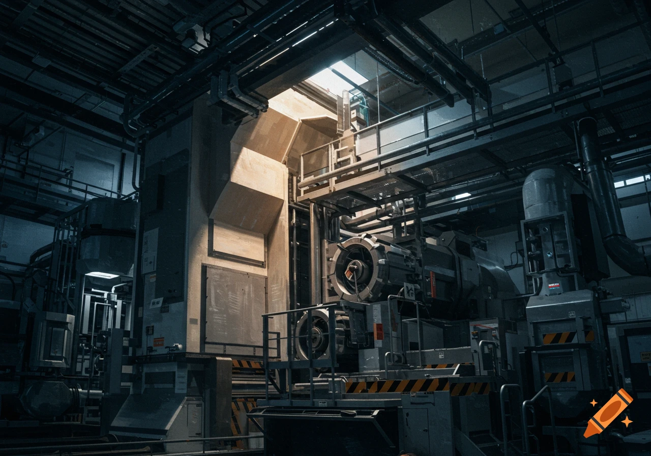 Photorealistic image of industrial machinery and pipes in a factory building.