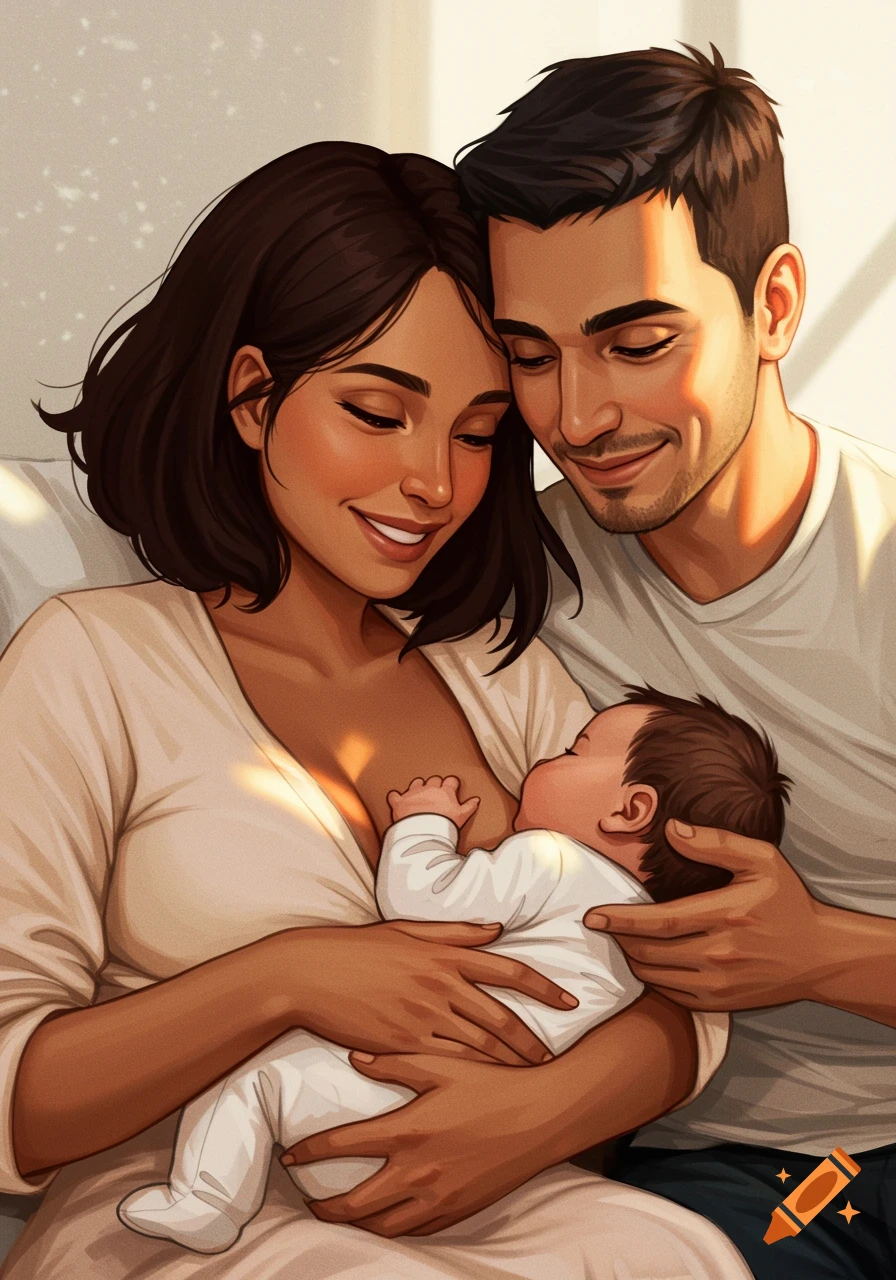 Illustration of parents with a baby, mother breastfeeding