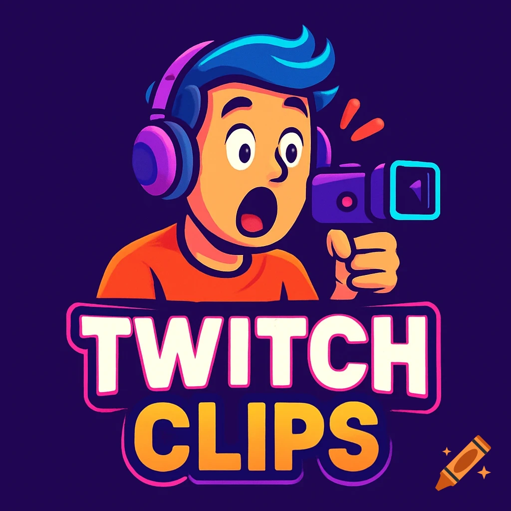 Colorful cartoon logo of a surprised person with headphones holding a camera above the text "TWITCH CLIPS".
