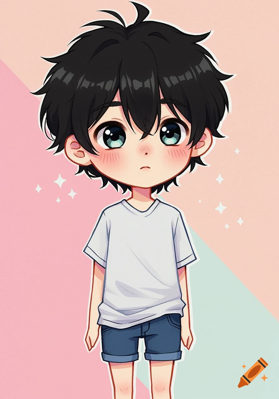 Cute chibi anime boy with black hair, wearing a white t-shirt and denim shorts, against a pink and green background.