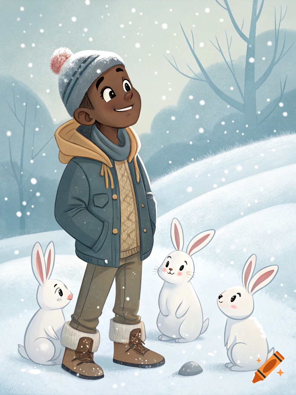 Illustration of a child in a winter hat and coat standing in the snow with three white rabbits.
