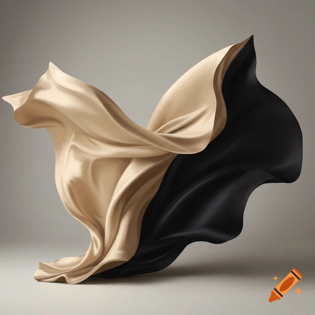 Flowing beige and black fabric against a grey background