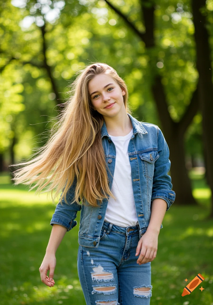 Portrait of a blonde girl in a denim jacket in a park