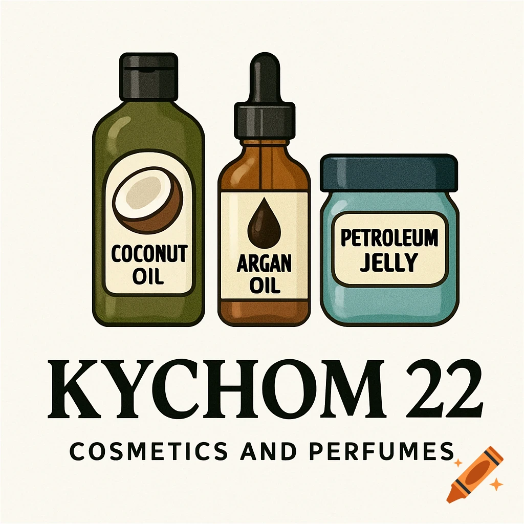 Illustration of three bottles/jars labeled 'COCONUT OIL', 'ARGAN OIL', and 'PETROLEUM JELLY', with the brand name 'KYCHOM 22 Cosmetics and Perfumes' below.