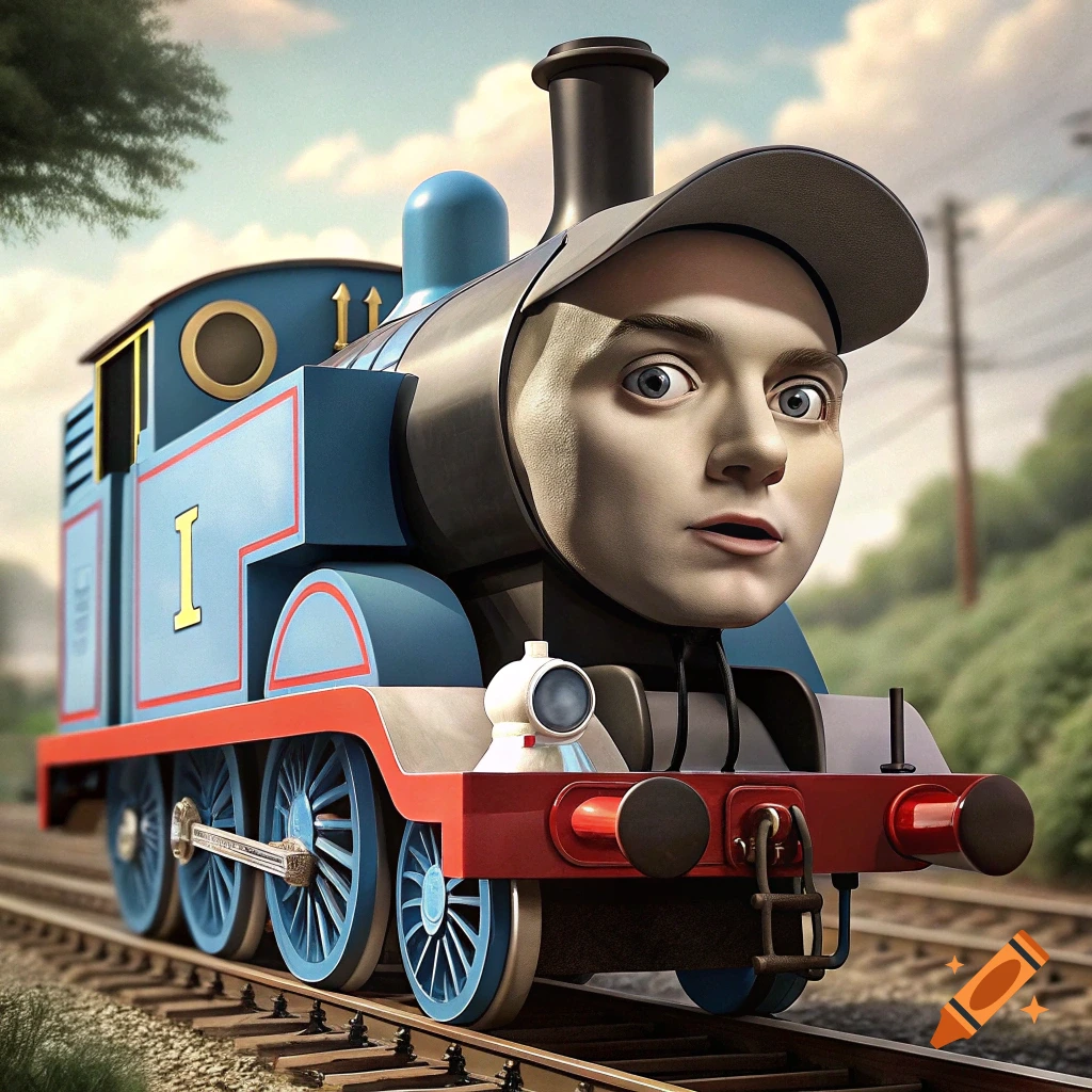 Thomas the Tank Engine with Eminem's face wearing a baseball cap, on train tracks