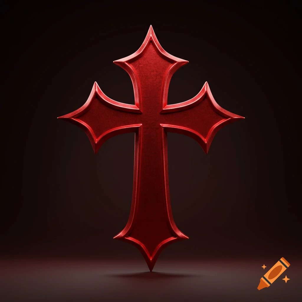 A red metallic gothic cross rendered in 3D on a dark background.