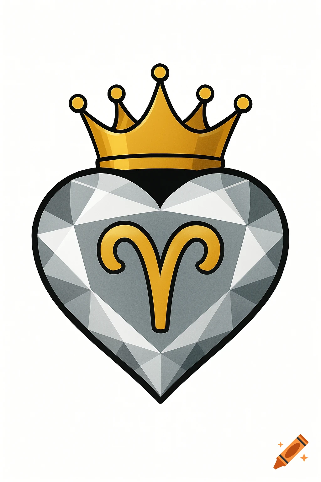 Illustration of a diamond heart with a gold crown and Aries symbol