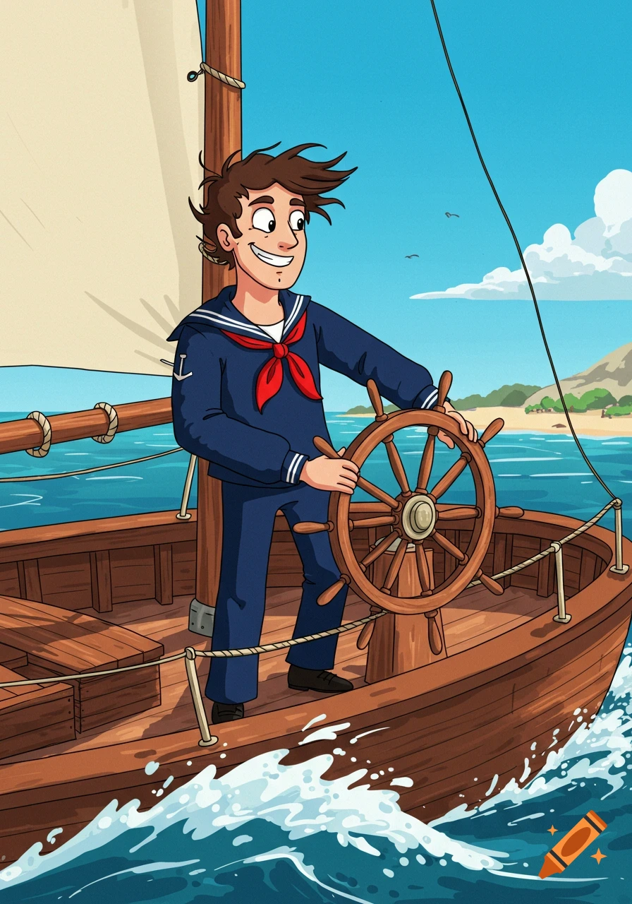 A cartoon boy in a sailor suit steering a boat on the sea.