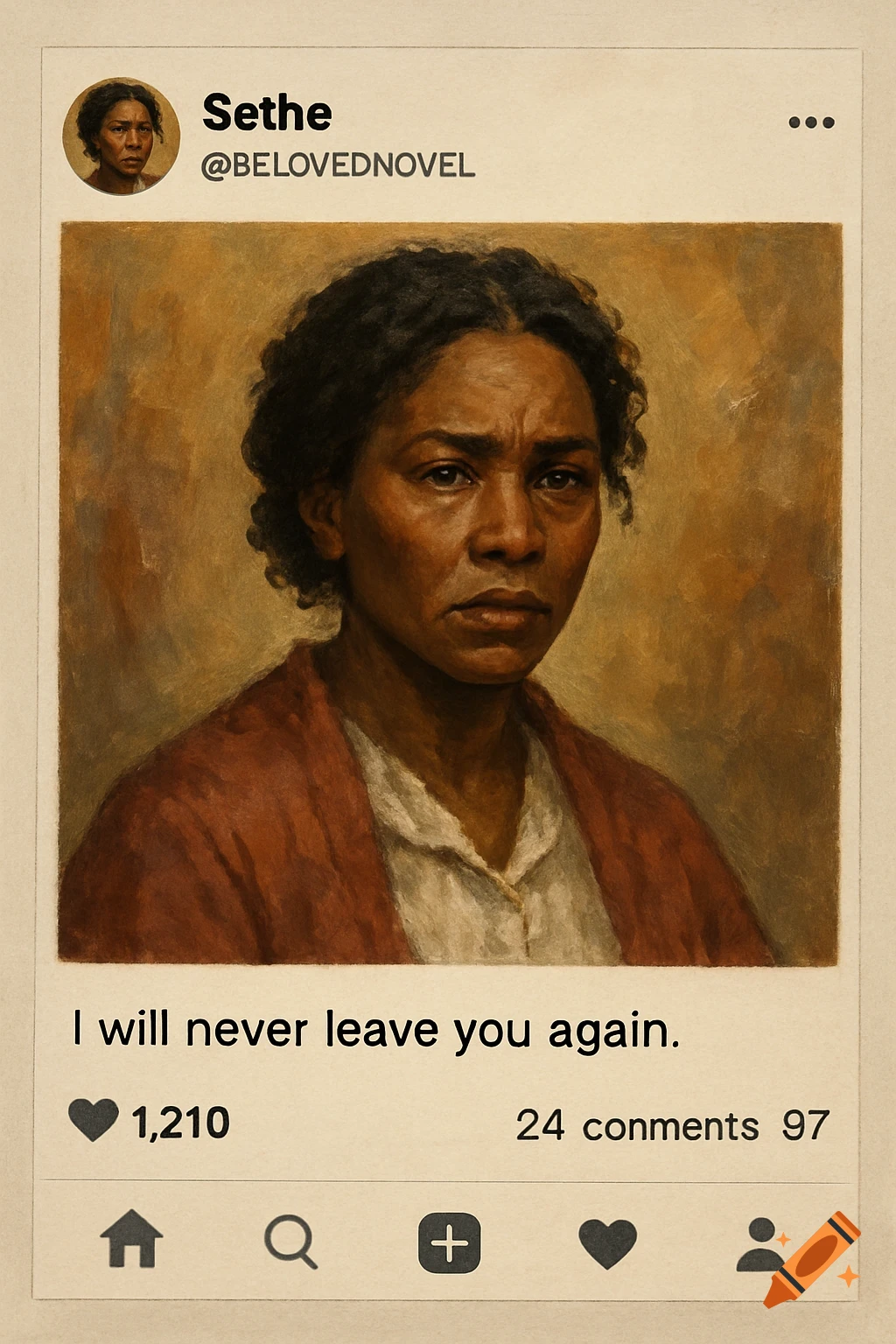 Painted portrait of a woman in a social media post frame with text 'I will never leave you again.'