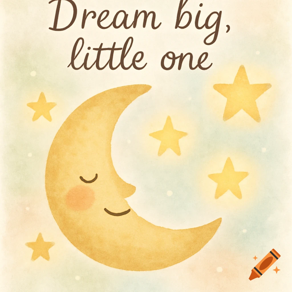 Watercolor illustration of a smiling moon and stars with the text 'Dream big, little one'