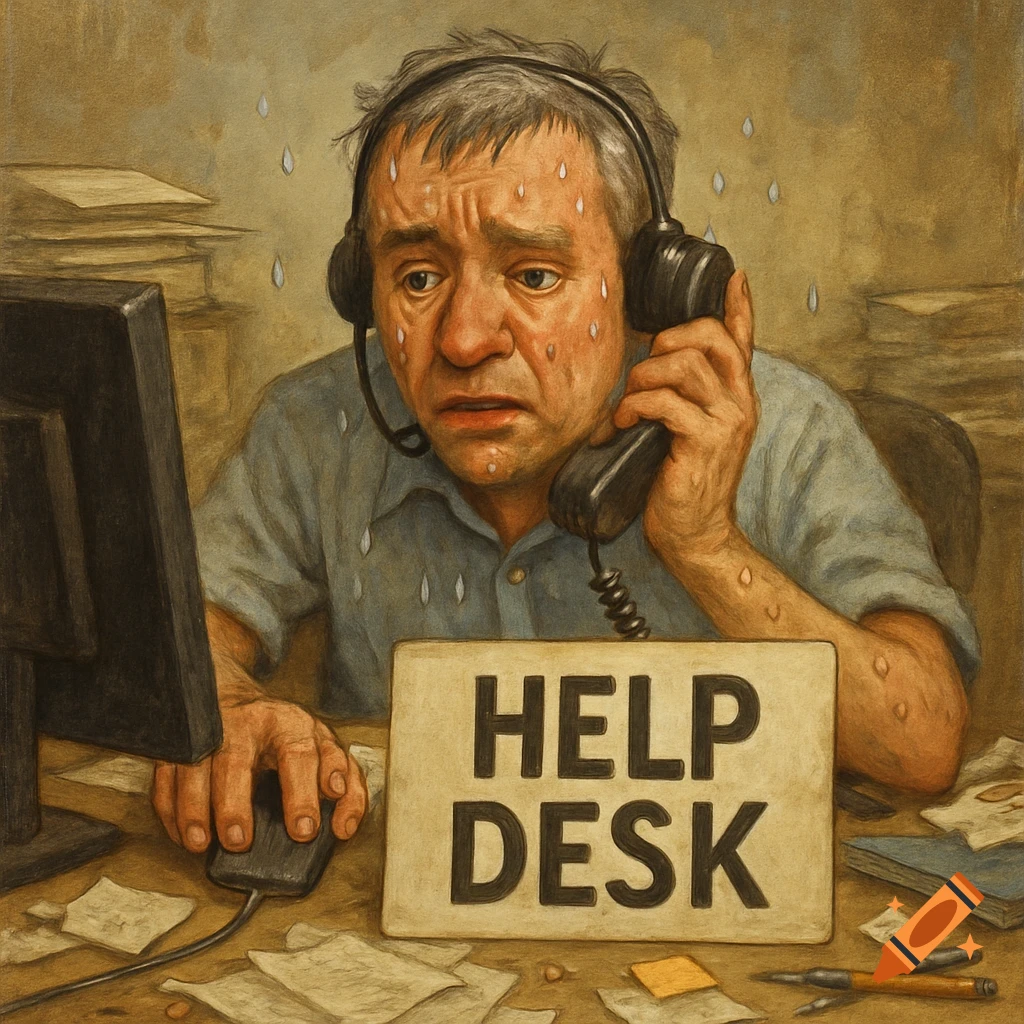 Illustration of a stressed man on the phone at a messy help desk, sweating profusely.
