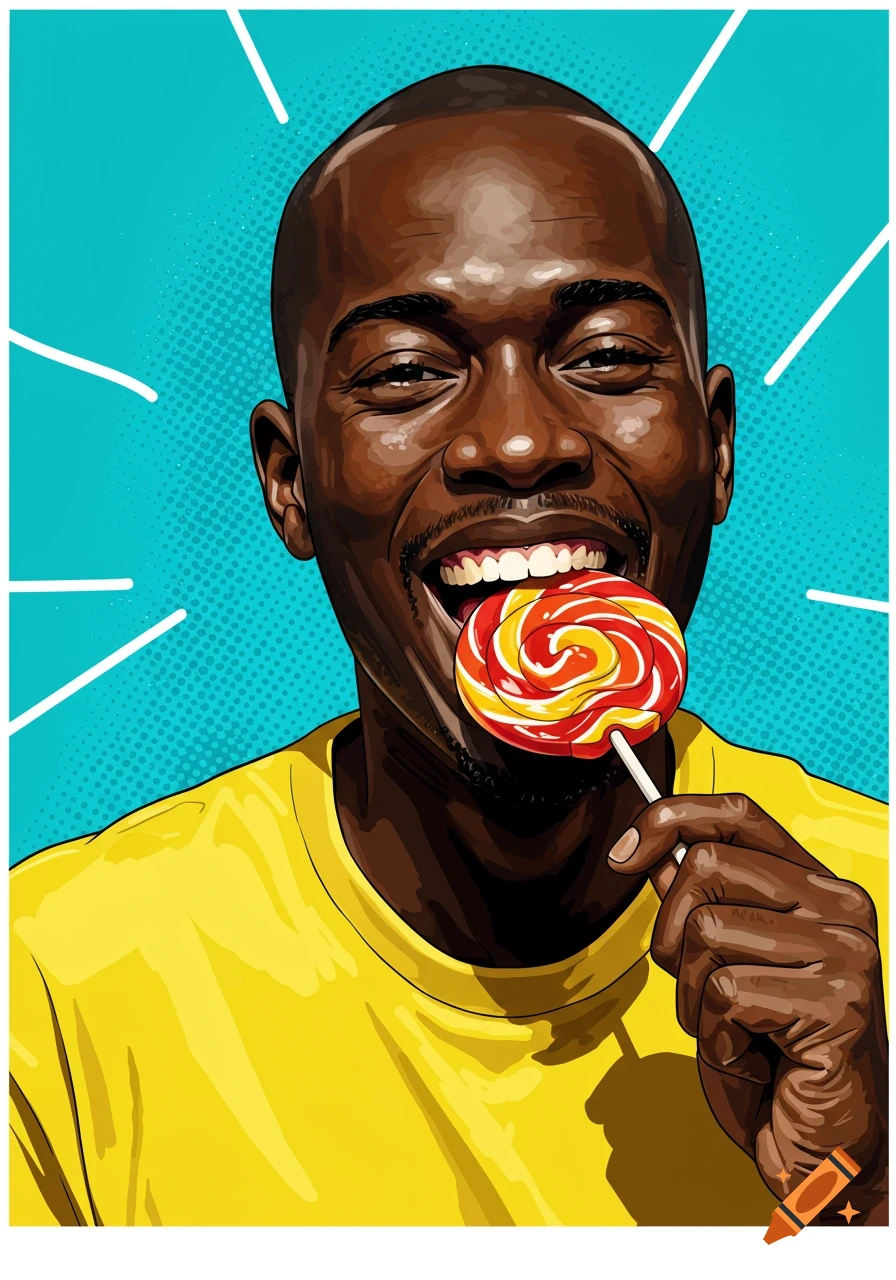 Stylized illustration of a bald black man in a yellow shirt eating a colorful lollipop against a bright blue background.