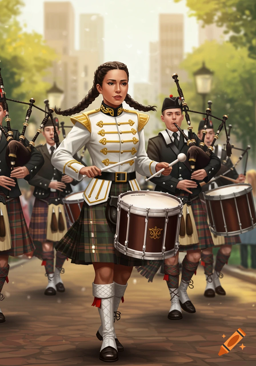 A woman in a uniform leads a pipe band marching on a street, digital illustration.