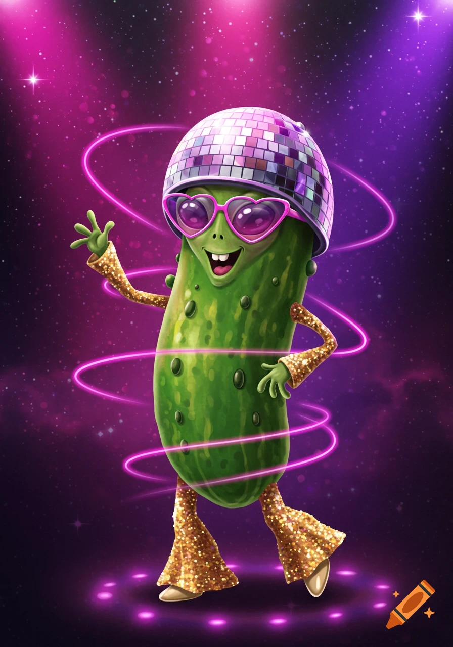 A cartoon pickle character wearing a disco ball helmet, heart sunglasses, and sparkly gold outfit, dancing under purple lights.
