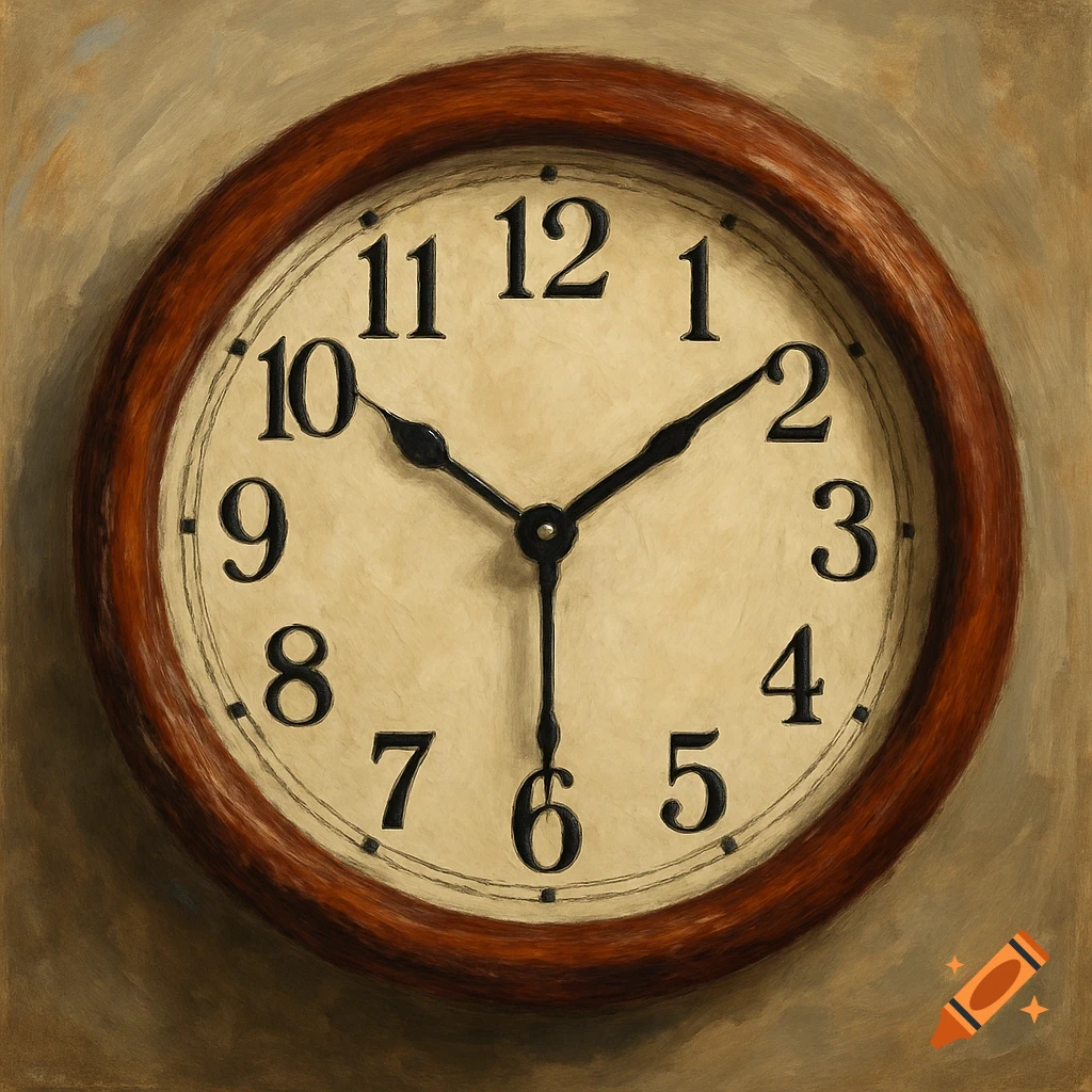 Painterly analog clock on a wall.