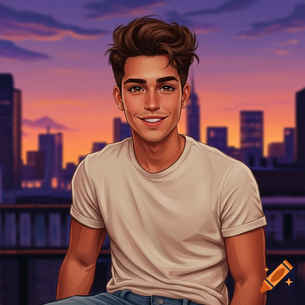 Stylized portrait of a smiling young man sitting against a city skyline ...