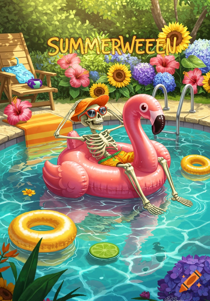 A skeleton in a hat and sunglasses floats on a pink flamingo raft in a pool with 'SUMMERWEEEN' text overhead, surrounded by flowers.