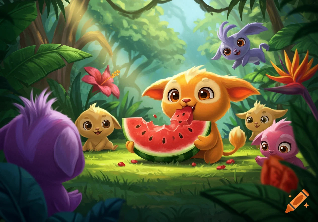 Cute cartoon furry creatures eat watermelon in a jungle.