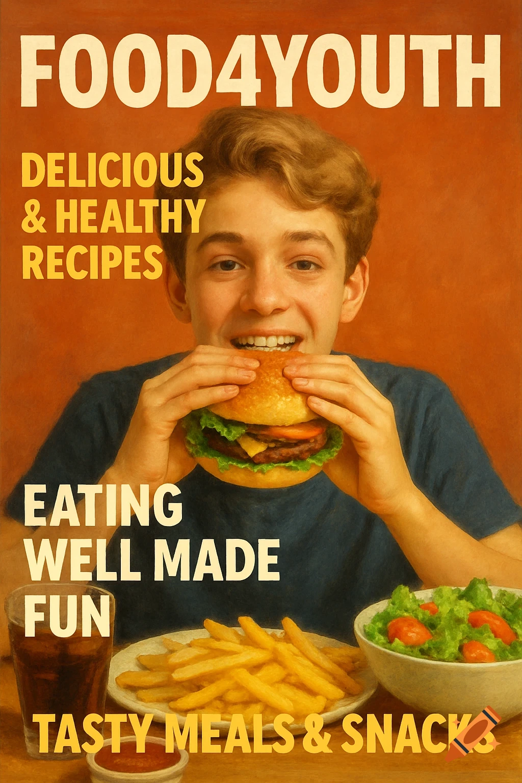 Young person eating a burger from a Food4Youth ad, with text, fries, and salad in a painted style.