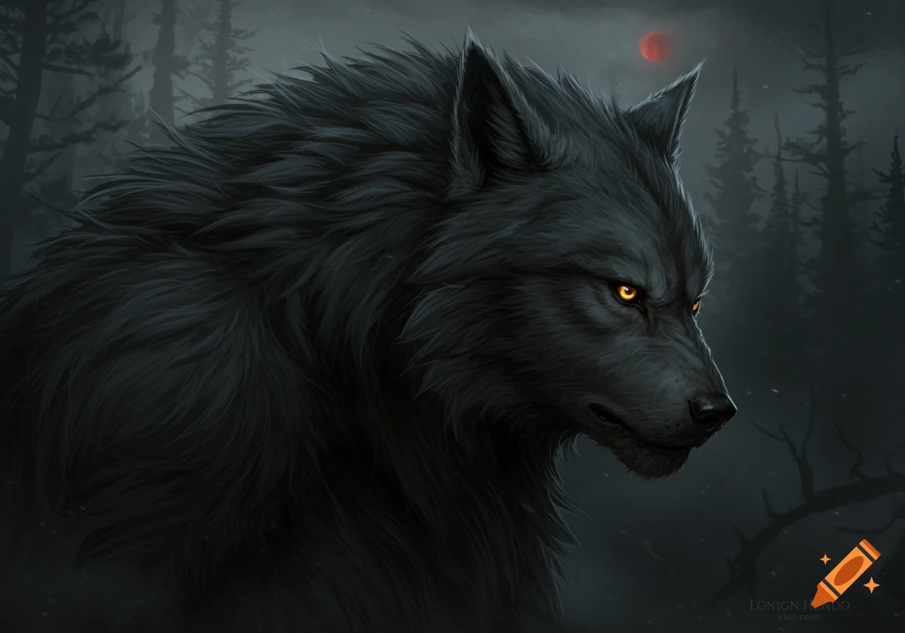 Close-up portrait of a dark werewolf with glowing orange eyes in a dark forest under a red moon.