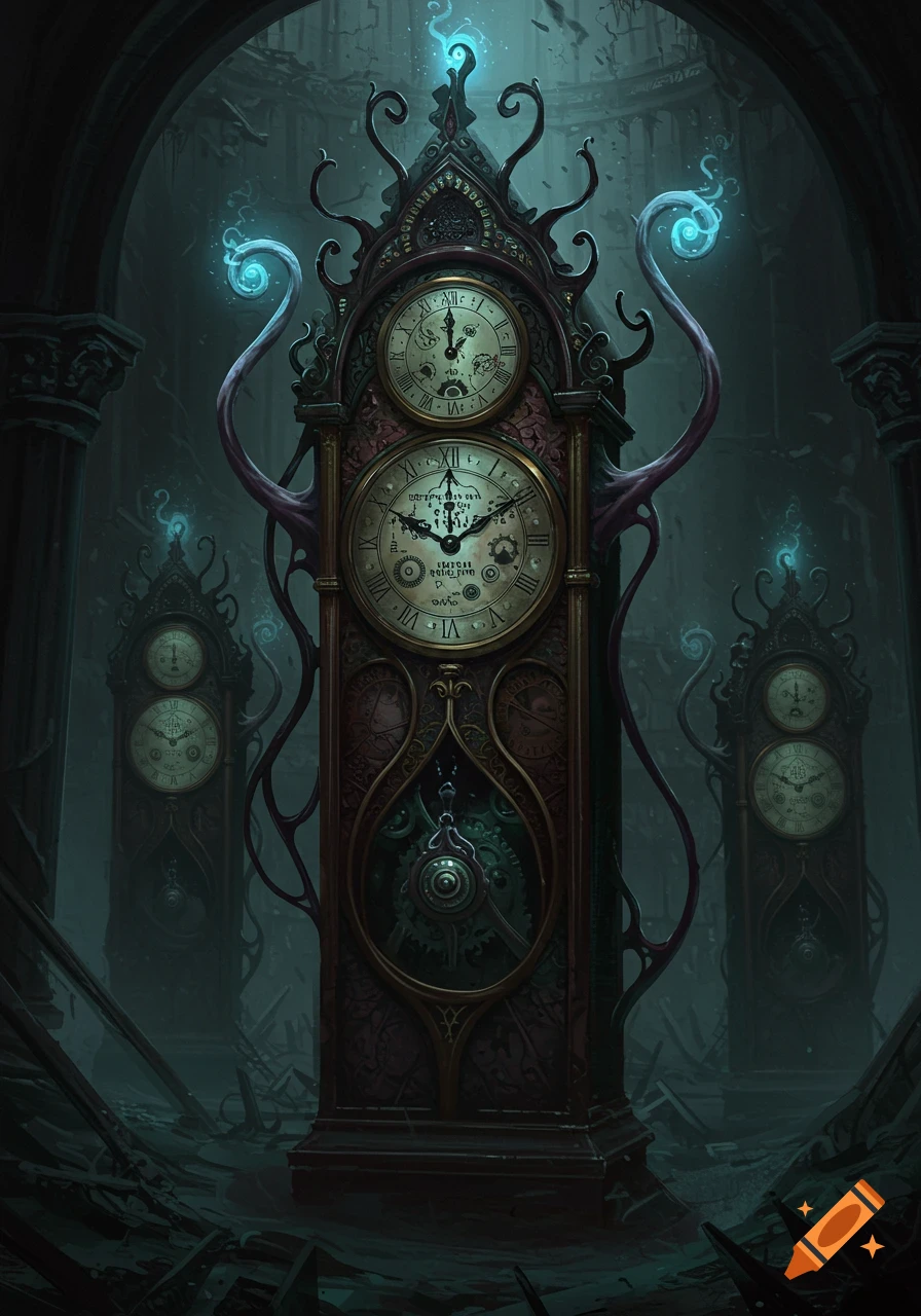 Dark fantasy illustration of ornate grandfather clocks with glowing blue elements in a ruined building.