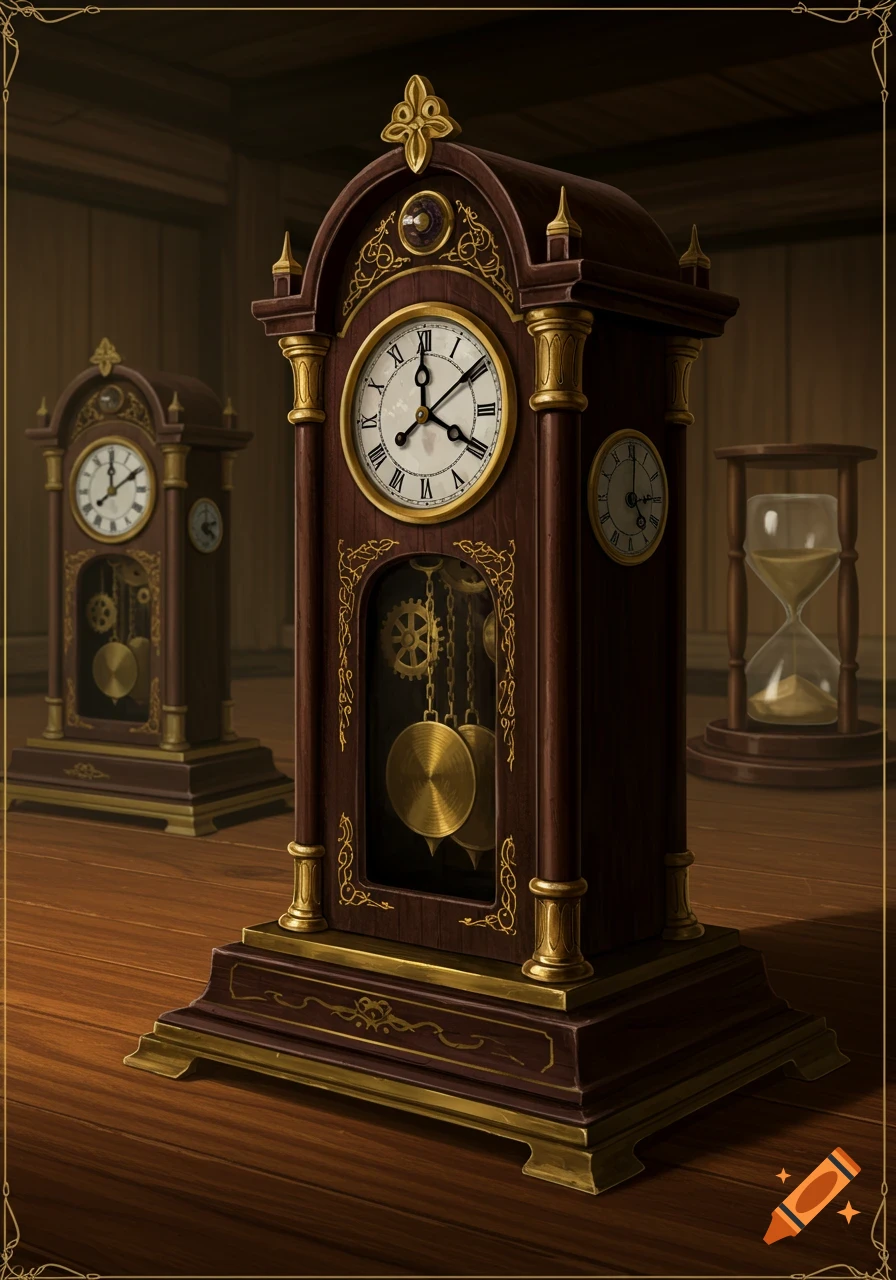 Antique clocks and hourglass in a room.