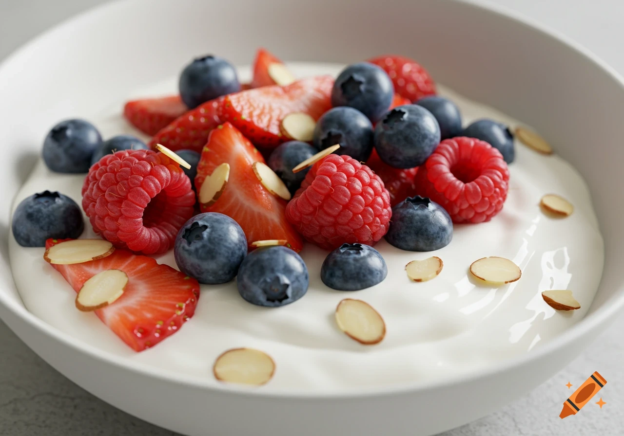 Close-up of a bowl of white yogurt topped with strawberries, raspberries, blueberries, and almonds.