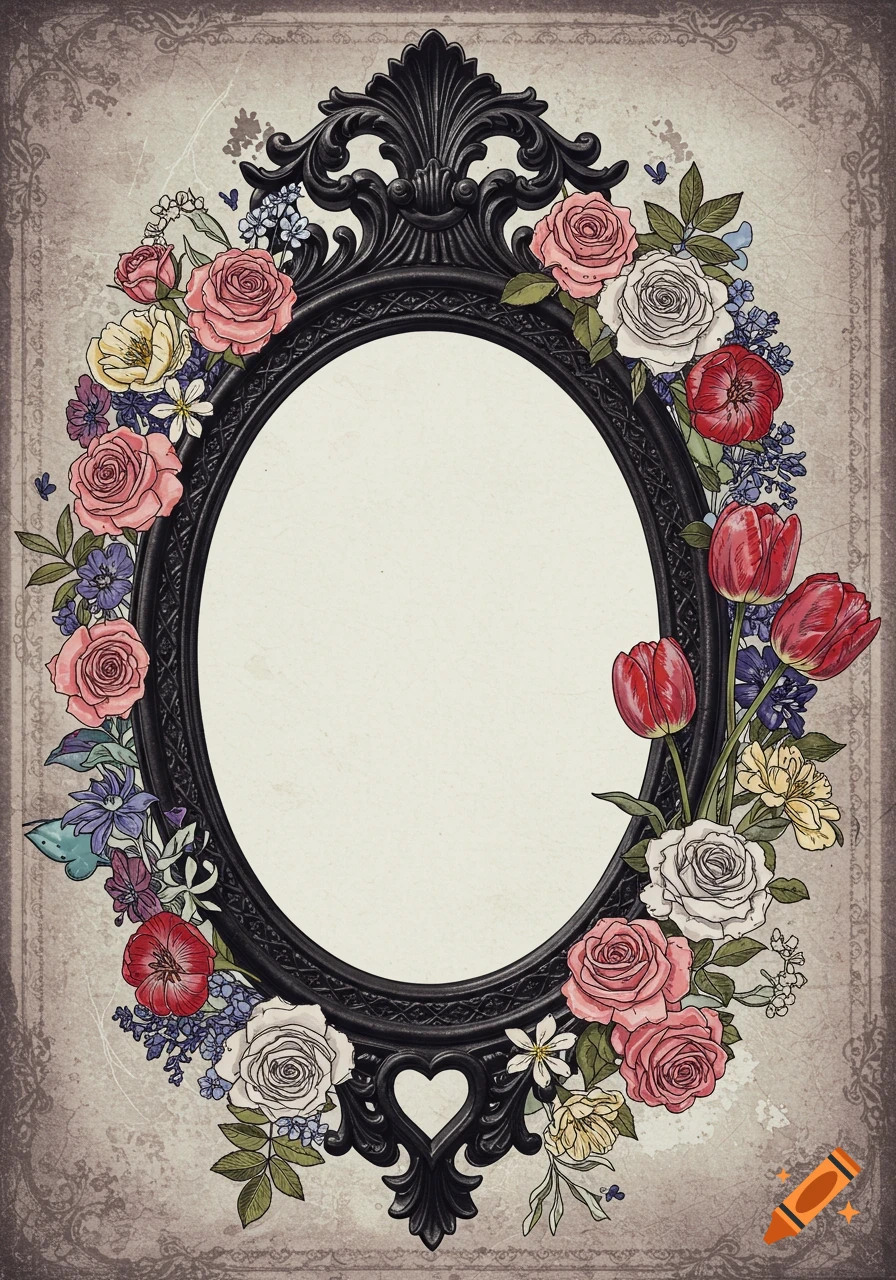A gothic oval mirror frame surrounded by roses, tulips, and wildflowers on a vintage background.