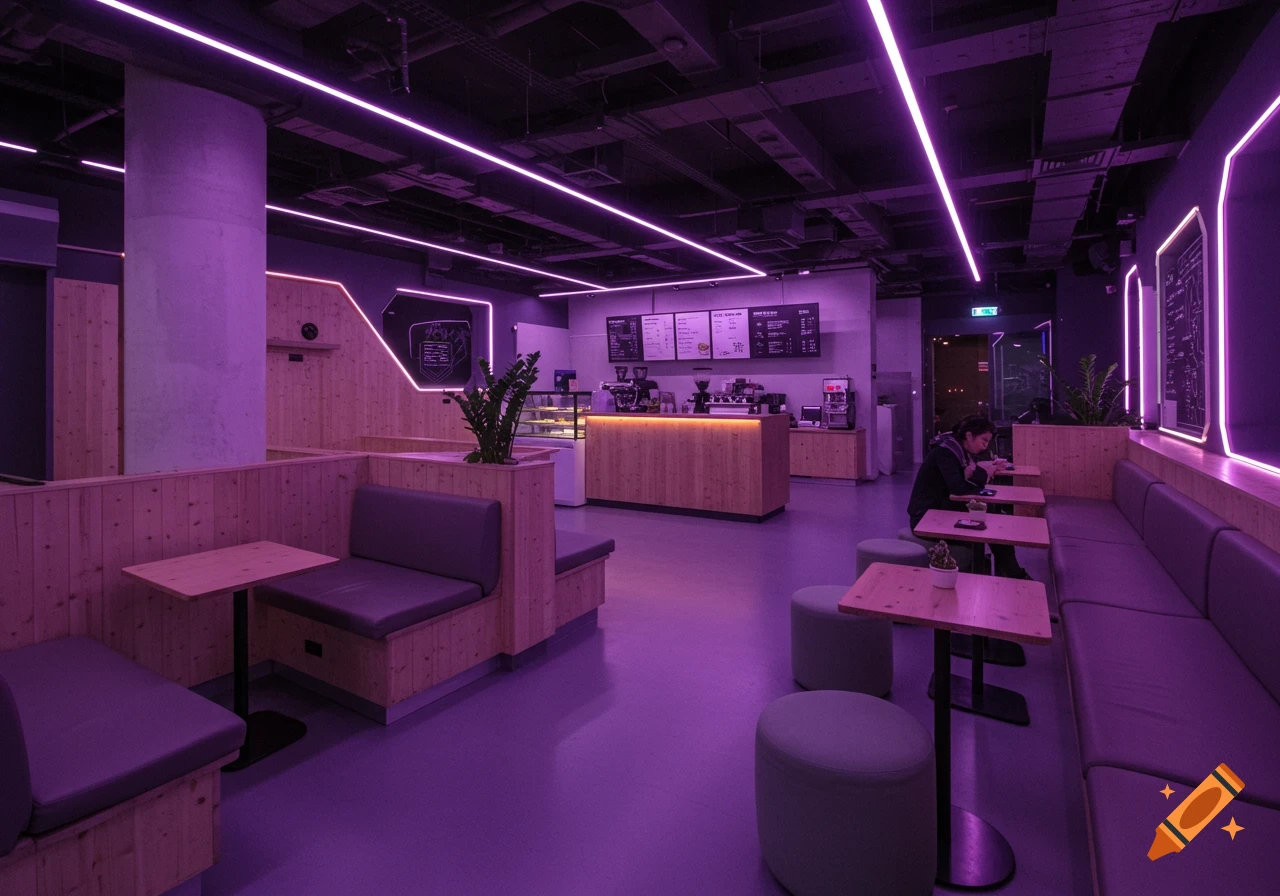Modern coffee shop interior with purple neon lighting, wood accents, booth seating, and people at tables.