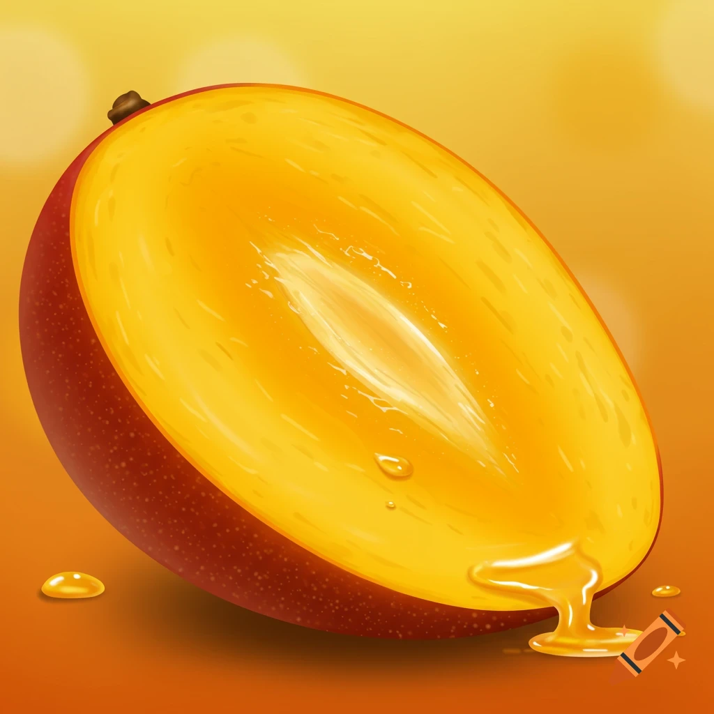 Close-up illustration of a vibrant, juicy mango cut in half