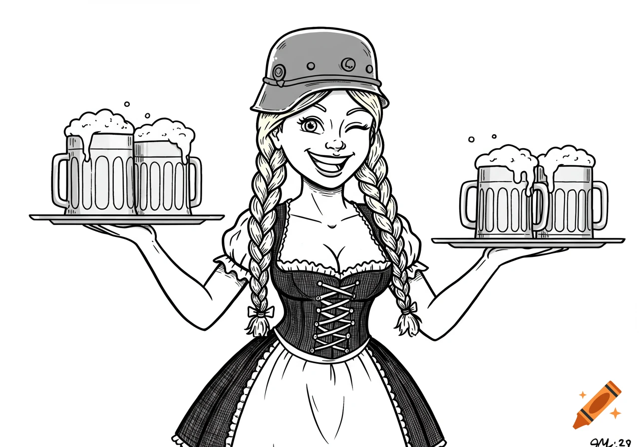 Black and white illustration of woman in dirndl and helmet holding beer steins