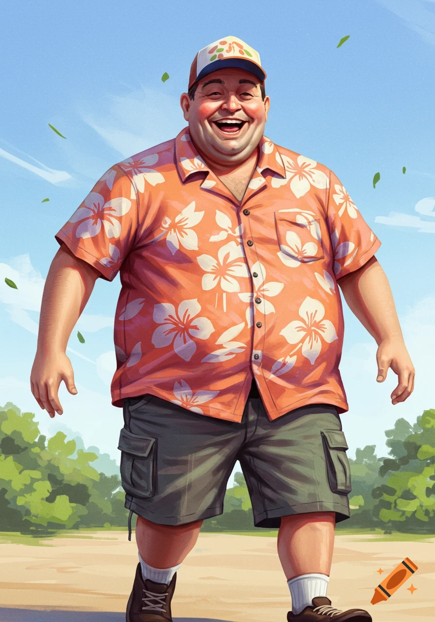 A cheerful man in a Hawaiian shirt and baseball cap walks outdoors in an illustration style.
