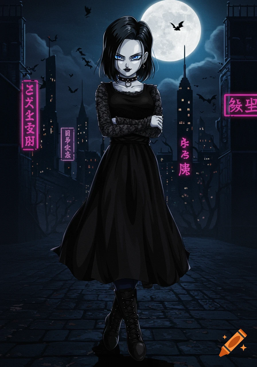 Anime illustration of Android 18 in a black goth dress and boots on a city street at night under a full moon with bats flying.