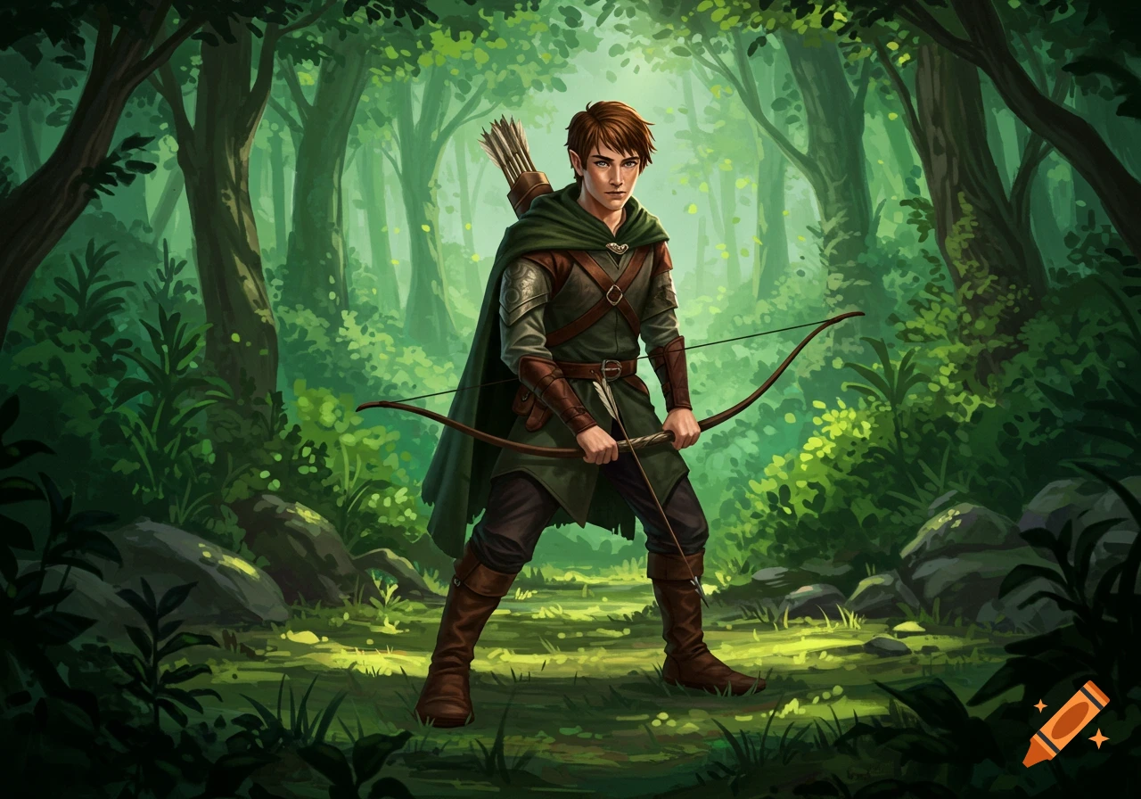 An illustration of a young archer holding a bow in a green forest.
