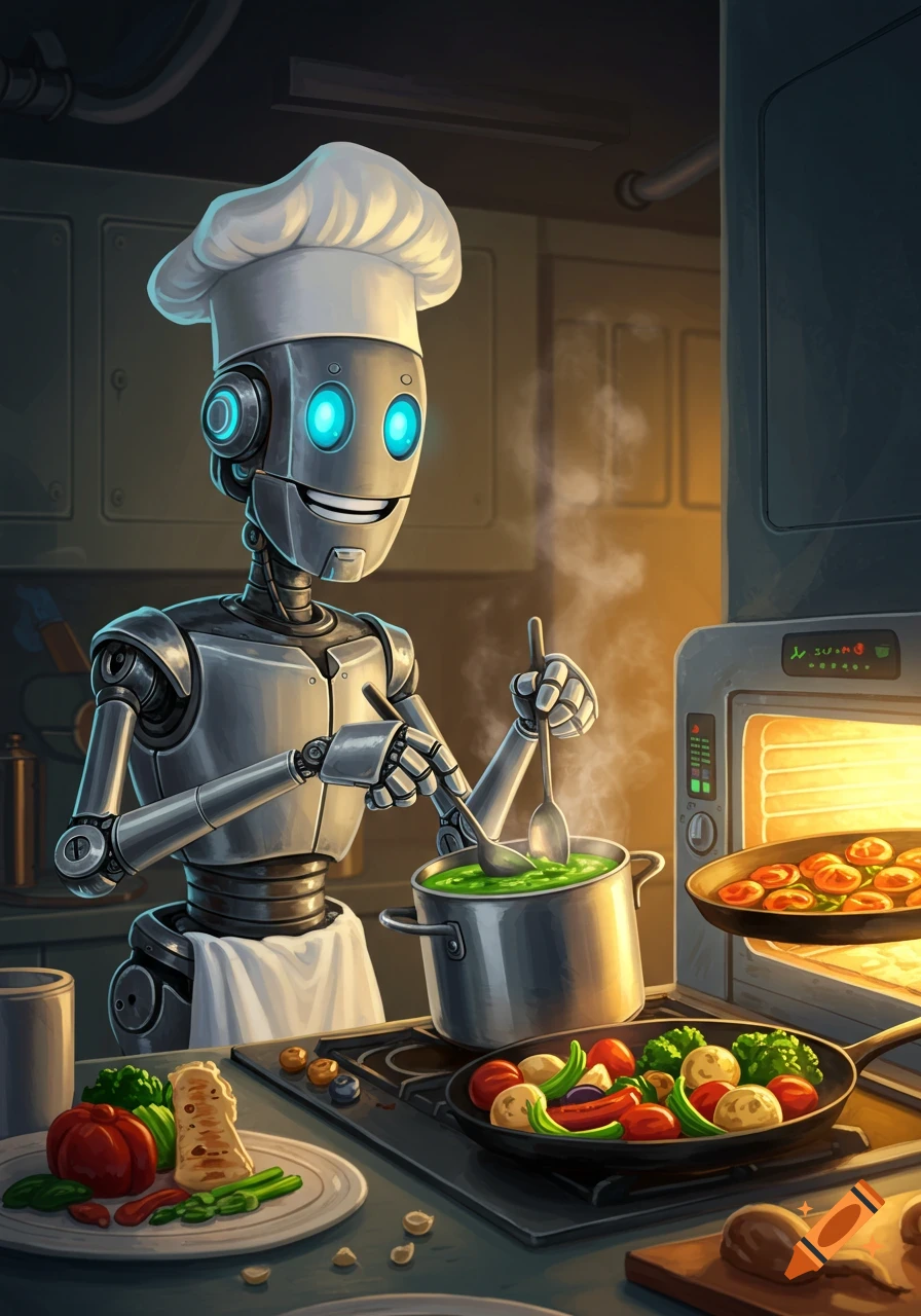 An illustrated robot wearing a chef hat is cooking food in a kitchen.