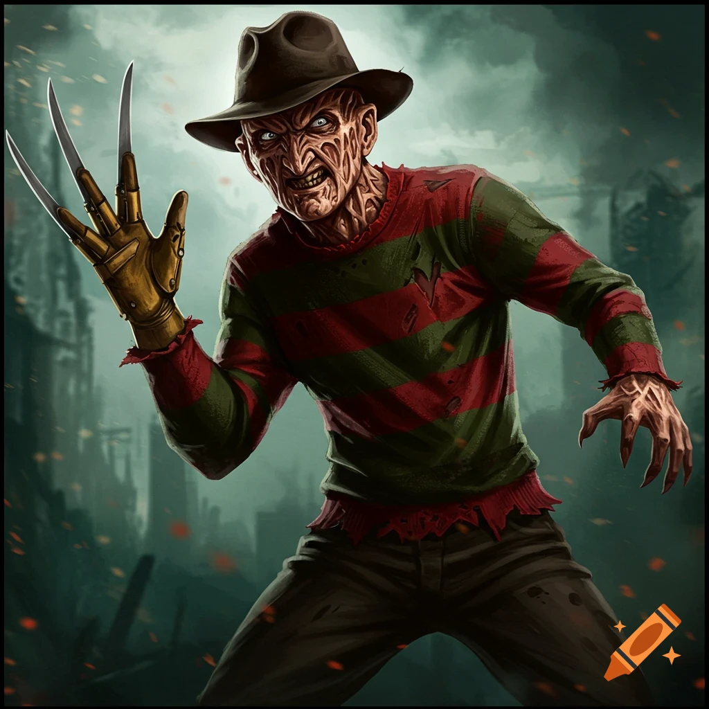 Illustration of Freddy Krueger with bladed glove and fedora in a dark setting