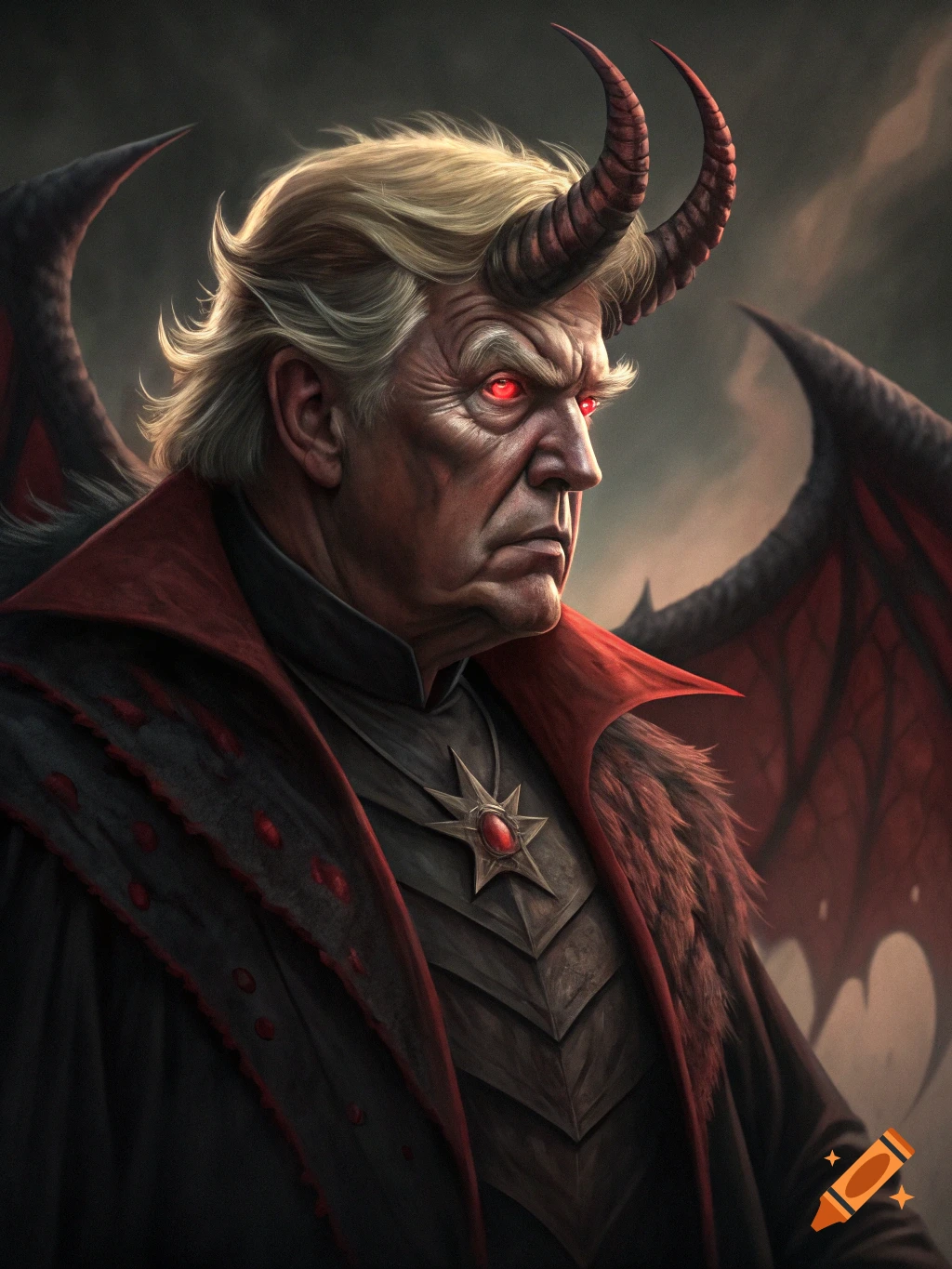 Digital painting of a man resembling Donald Trump depicted as a demon with horns, red eyes, and dark wings.