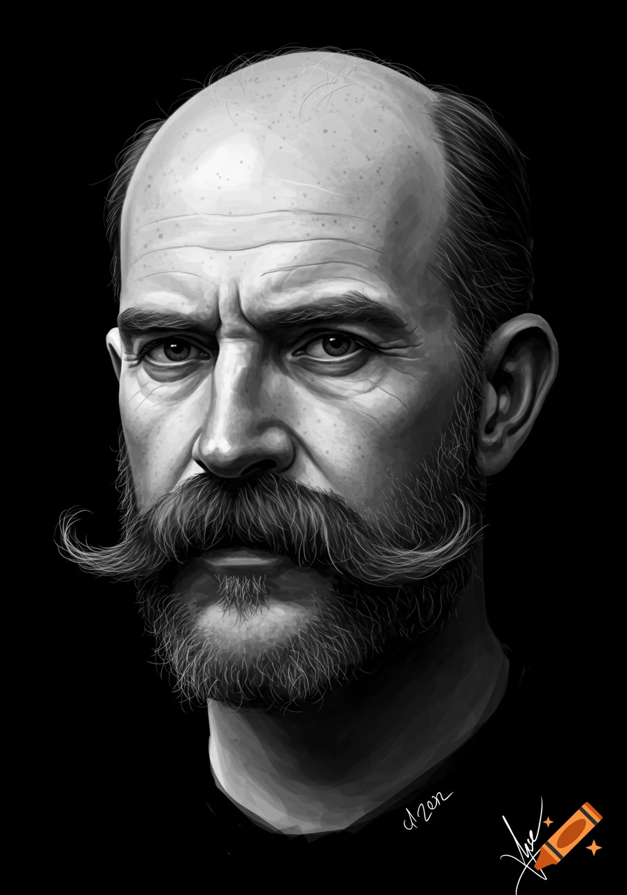 Black and white digital portrait of a bald man with a handlebar mustache and beard.