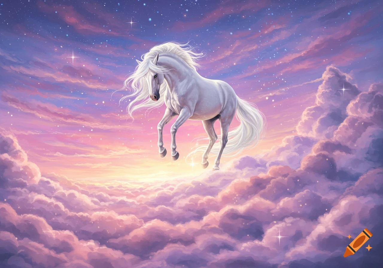 A white horse leaps among pink and purple clouds in a starry sky.
