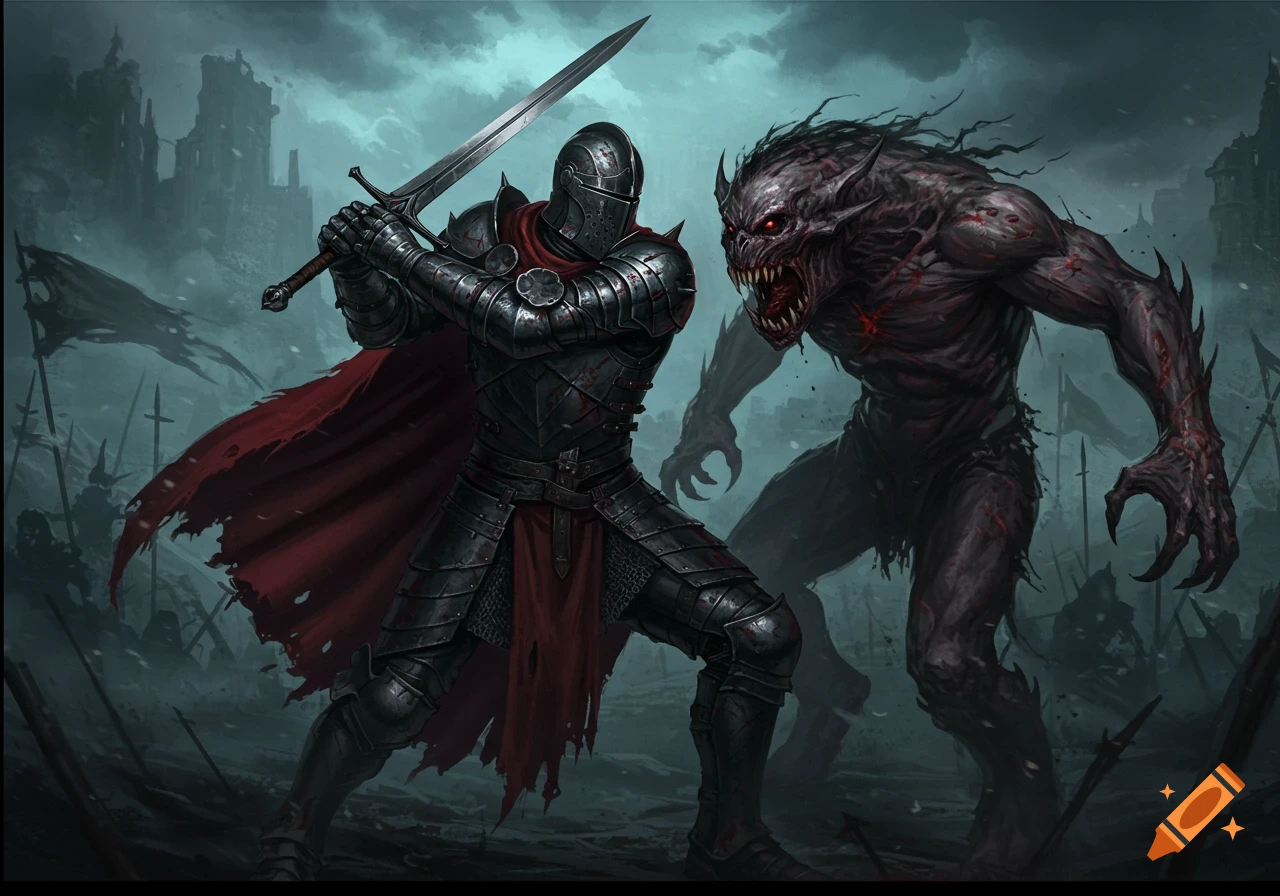 Dark fantasy art of a knight battling a monster in a ruined landscape