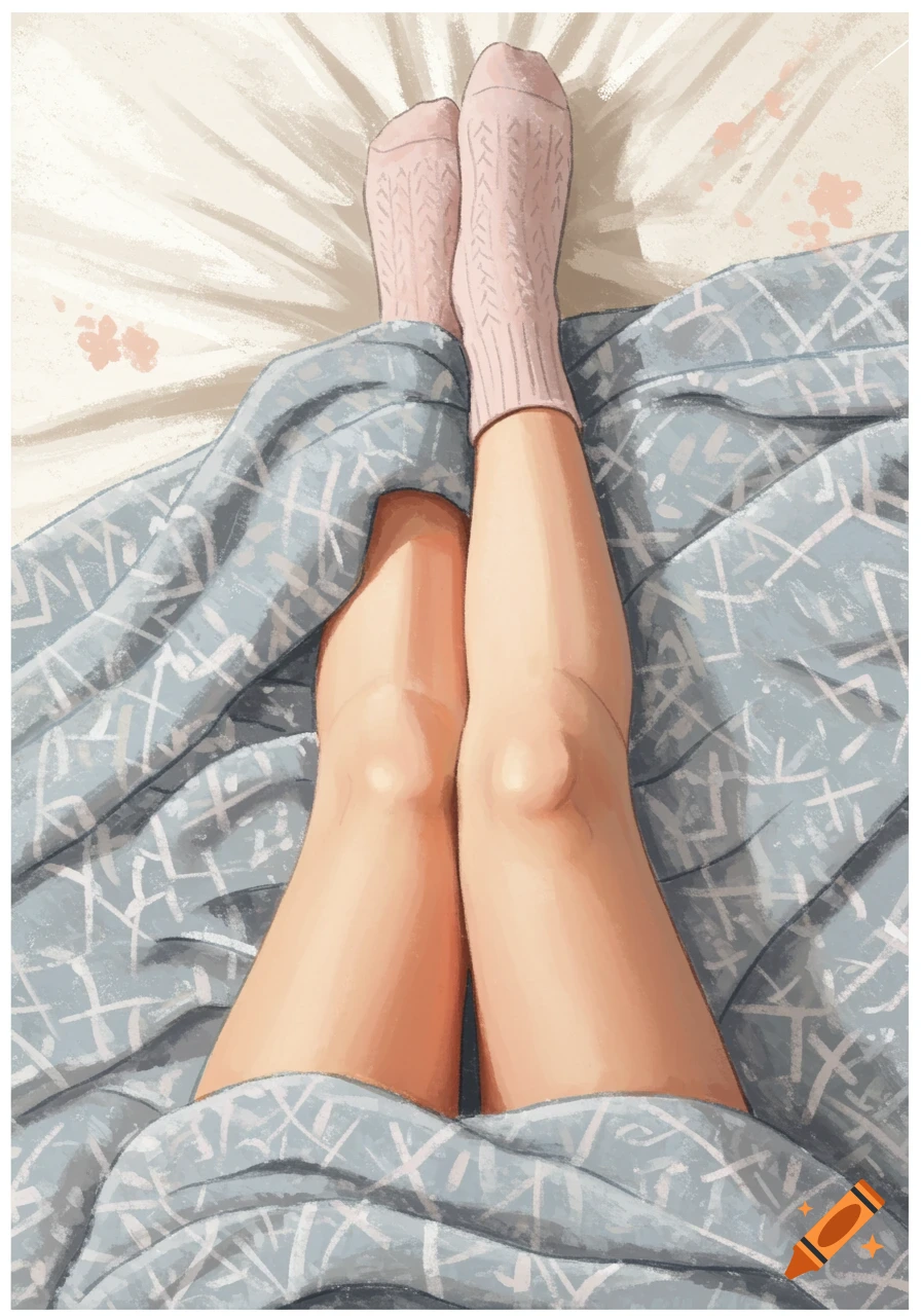 Person's legs and feet in pink socks under a grey blanket, digital painting