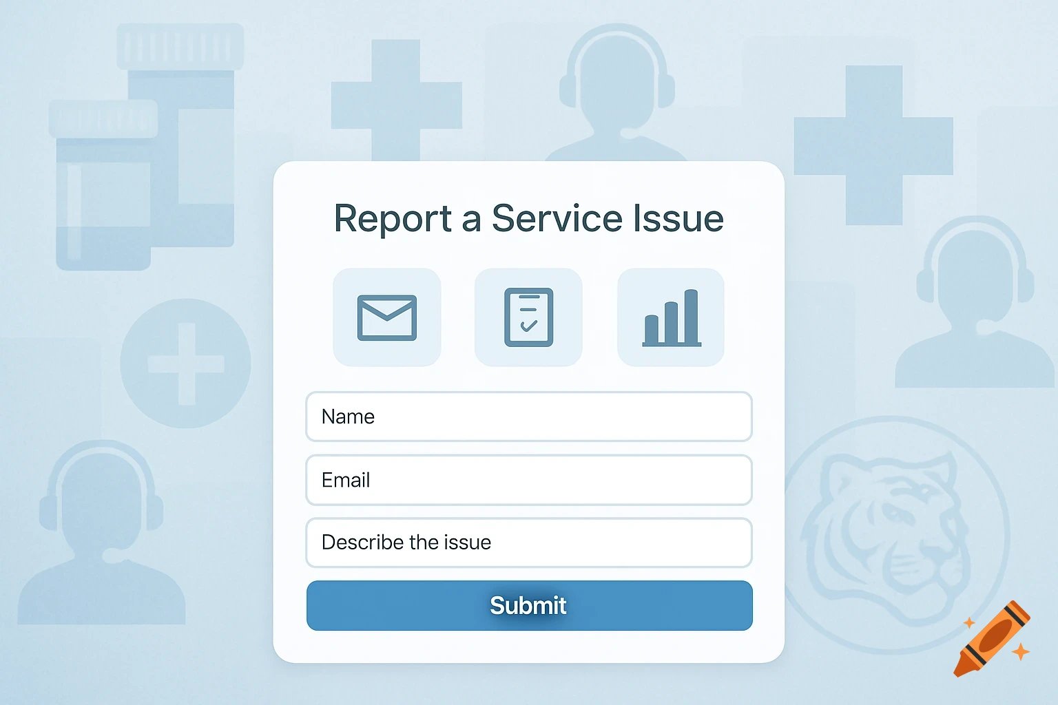 Digital 'Report a Service Issue' form with Name, Email, Description fields, and Submit button on healthcare background.