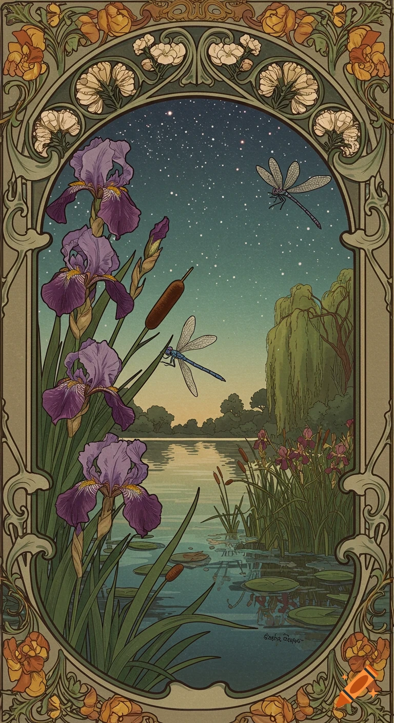 Art Nouveau illustration of irises, reeds, and dragonflies by a lake under a starry sky, framed by a floral border.