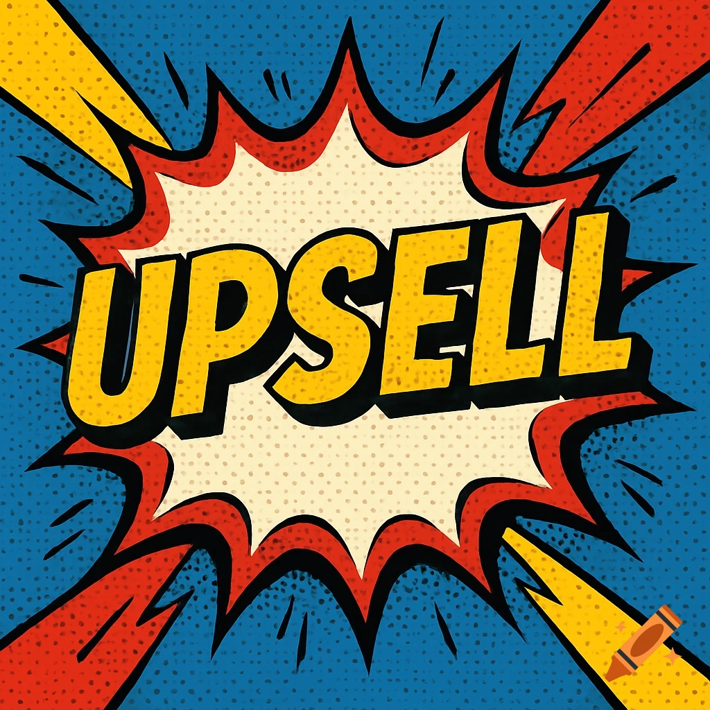 Comic book style graphic with yellow text UPSell in an explosion bubble on a blue background