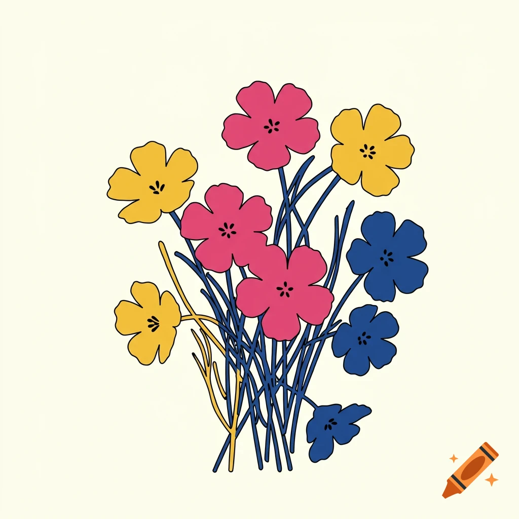 Minimalist pop art illustration of wildflowers in pink, yellow, and blue.