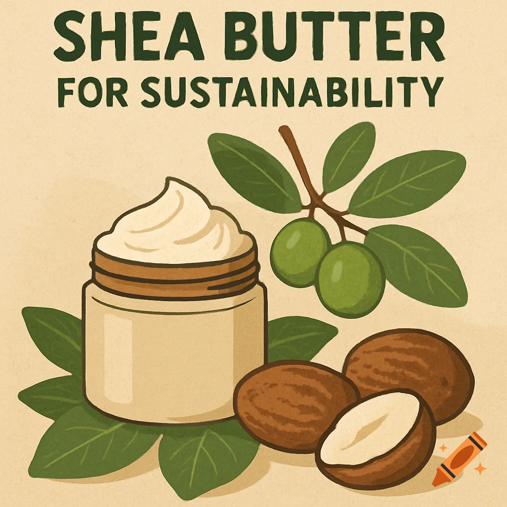 Illustration of shea butter in a jar with nuts, leaves, and text 'SHEA BUTTER FOR SUSTAINABILITY'.
