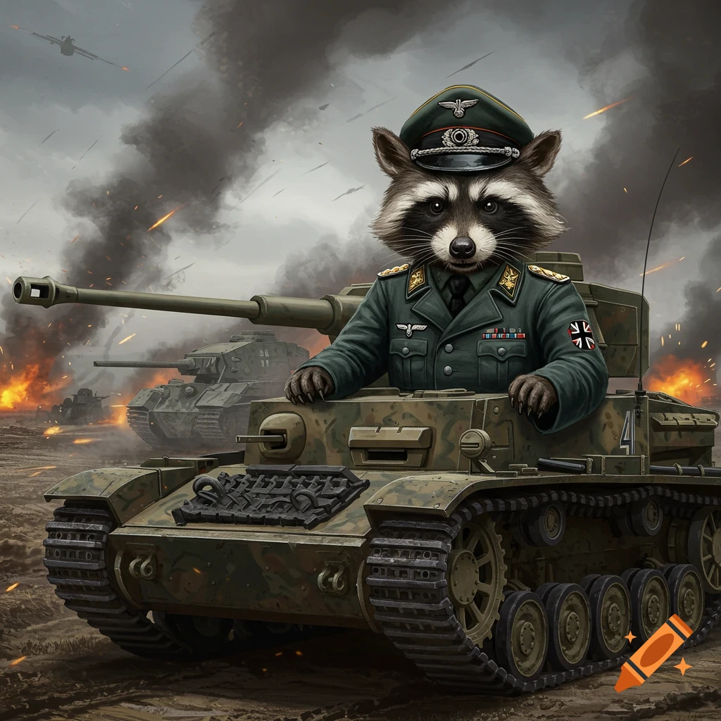 A raccoon in a German WW2 tank commander uniform sits in a tank during a battle.