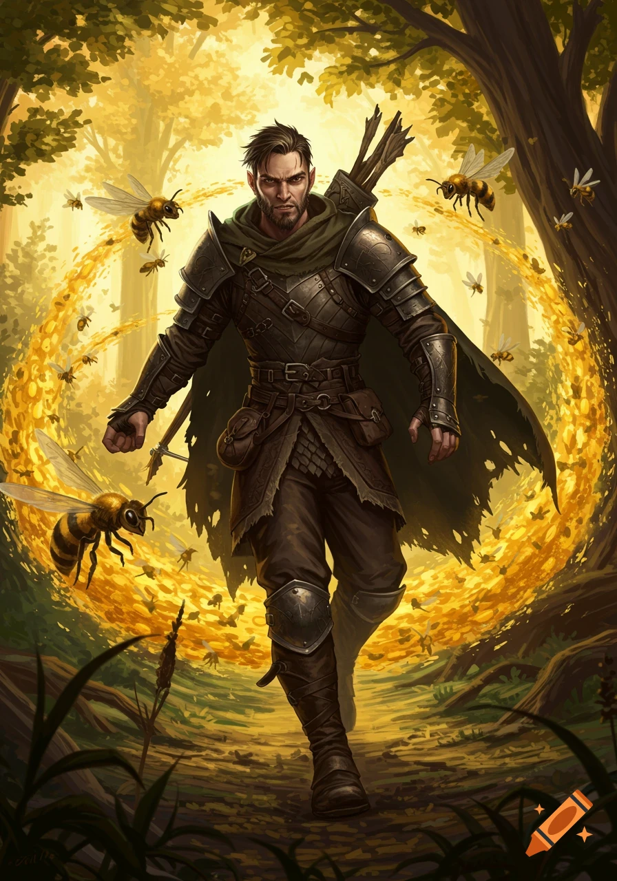 A fantasy ranger in armor surrounded by bees in a sunlit forest.
