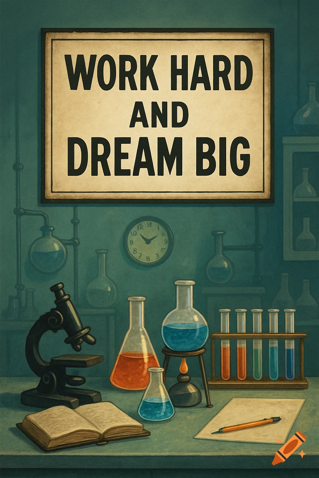 Stylized illustration of a laboratory bench with beakers, test tubes, a microscope, a book, and a sign saying "WORK HARD AND DREAM BIG".